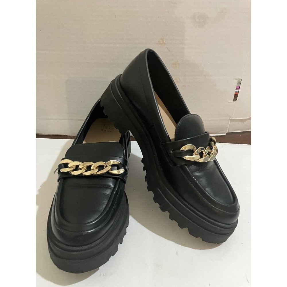 A New Day Women's Size 7.5 Black Gold Chain chunky Platform Loafers shoes - Picture 2 of 8